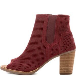 TOMS Suede Majorca Peep Toe Perforated Zip Ankle Booties Maroon Women Size 7.5
